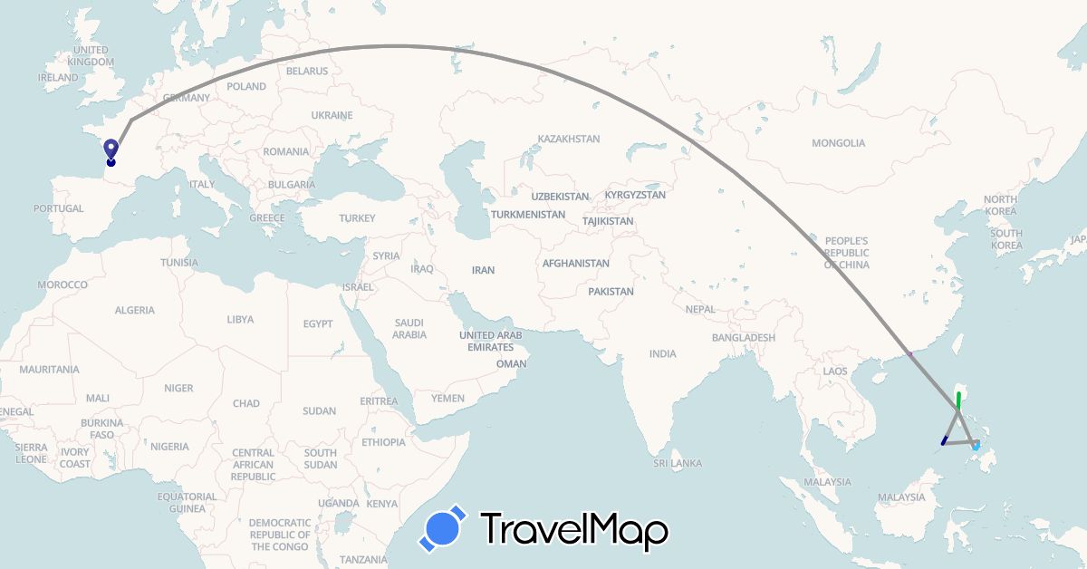TravelMap itinerary: driving, bus, plane, train, boat in France, Hong Kong, Philippines (Asia, Europe)